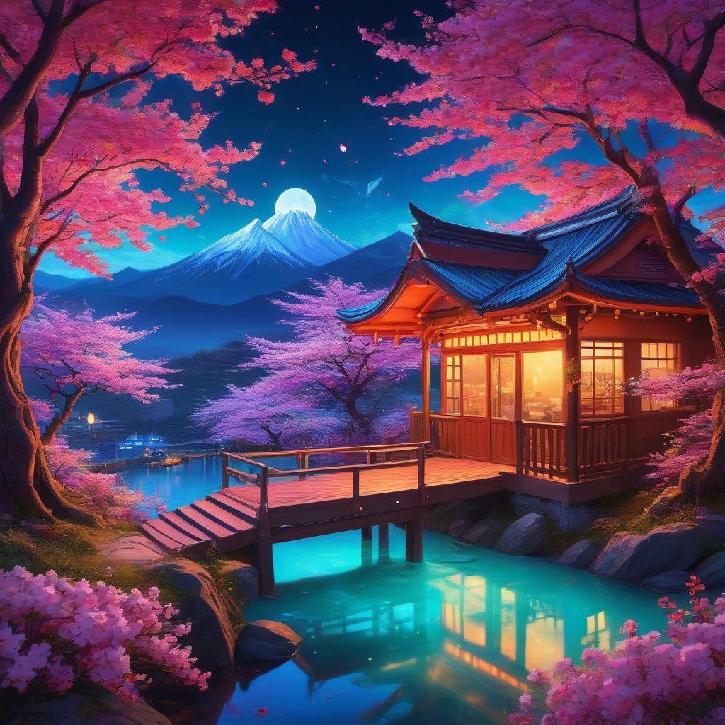 A vibrant scene showcasing an artistic blend of hentai culture elements, featuring whimsical fantasy characters engaging in playful activities. Include a surreal landscape with colorful cherry blossoms, neon lights, and cozy retreats to reflect a getaway vibe. Create a sense of allure and exploration in the composition, capturing the essence of adult entertainment intertwined with fantasy. digital art. vibrant colors. surrealism.
