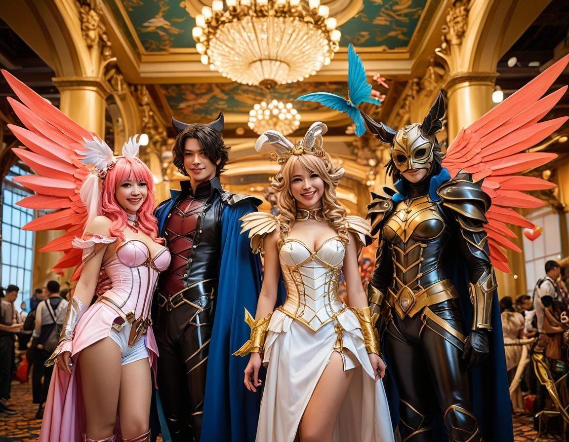 A vibrant scene depicting a diverse group of individuals in intricate and colorful cosplay outfits, showcasing various fetishes, with a backdrop of a fantasy-themed convention space. Include striking accessories and playful expressions to highlight the blend of sensuality and creativity in hentai culture. Soft glowing lights enhance the atmosphere, making it inviting and intriguing. Cartoonish style. bright colors.