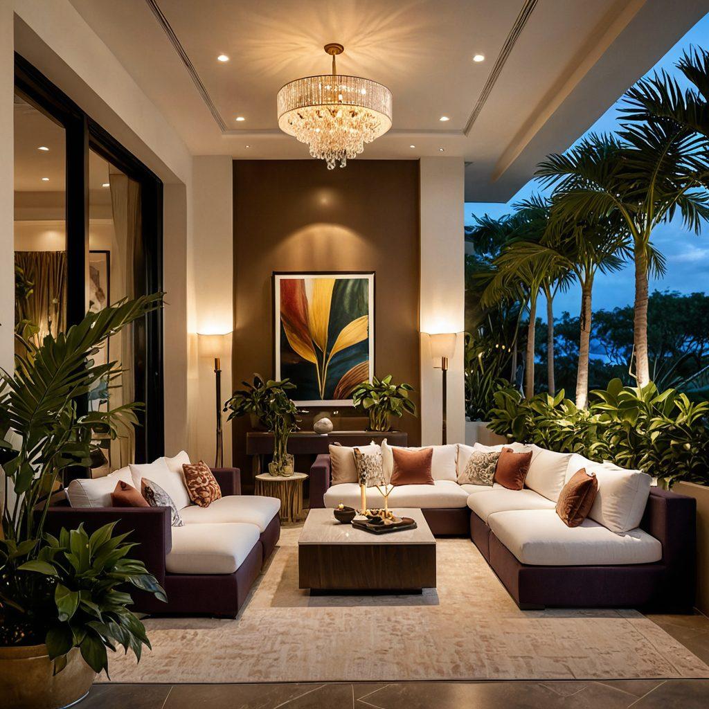 An elegant, luxurious adult residence interior featuring tasteful decor with hints of adult themes subtly integrated, such as hidden sensual art pieces and plush furnishings. Include a serene outdoor balcony with a breathtaking view, inviting ambiance with soft lighting, and a hint of exotic plants. The setting should evoke a sense of indulgence and relaxation, merging elegance with playful adult elements. super-realistic. vibrant colors. intimate atmosphere.